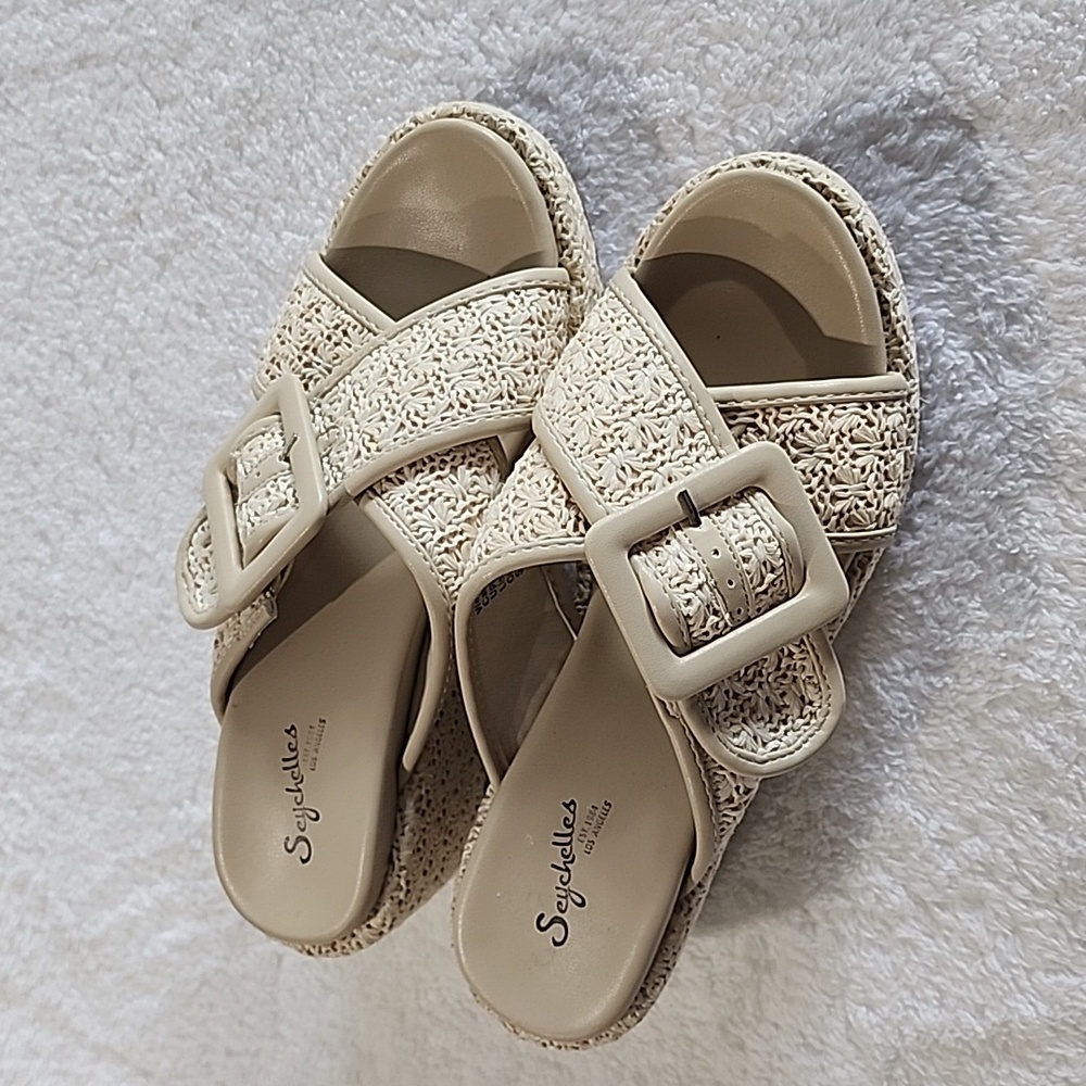 Seychelles Cream Woven Buckle Wedge Sandals